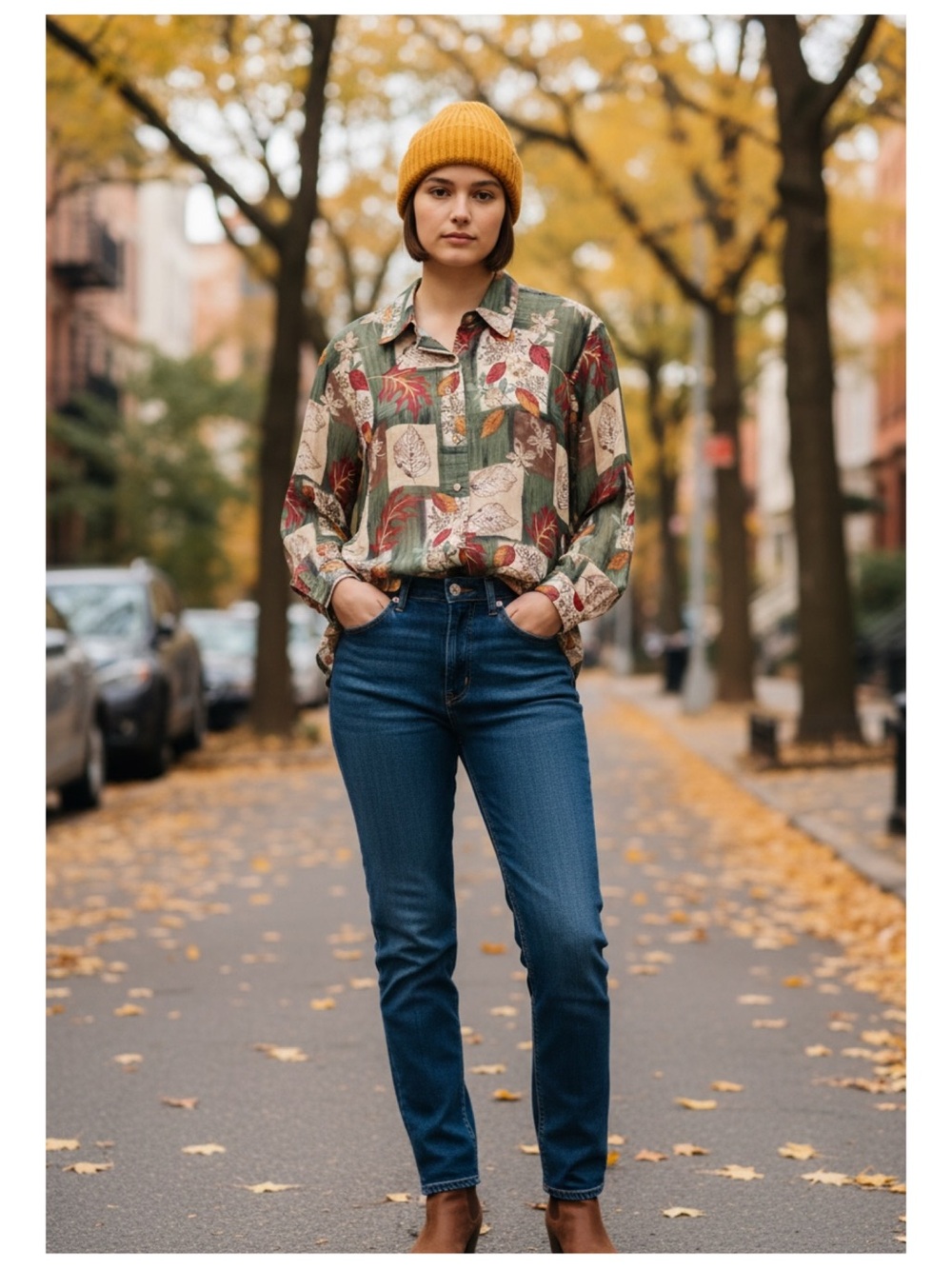 Vintage Fall Foliage Leaves Button Down Top Women's Size LP Cabin Core